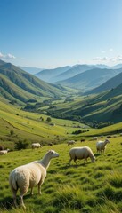 Serene Sheep Grazing in Lush Green Valley Under Clear Blue Sky