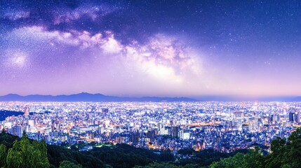 Obraz premium Cityscape at night under a vibrant Milky Way. Vast expanse of illuminated cityscape, nestled amongst hills, bathed in starlight and a spectacular night sky