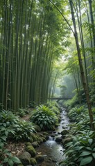 Fototapeta premium Tranquil Bamboo Forest with Stream and Footbridge in Soft Light
