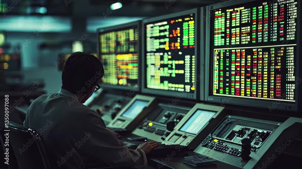 Poster stock market analysis at data processing center with multiple screens and vibrant charts, stock mark