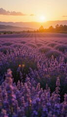 Naklejka premium Lavender Field at Sunset with Vibrant Colors and Scenic View