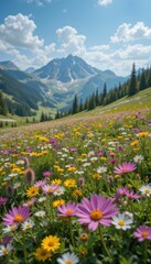 Fototapeta premium Vibrant Wildflower Meadow in Mountain Landscape Under Bright Sky