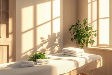 Mesa de massagem com toalhas brancas dobradas em ambiente minimalista com luz do sol filtrada por venezianas e plantas verdes ao redor, IA generativa
