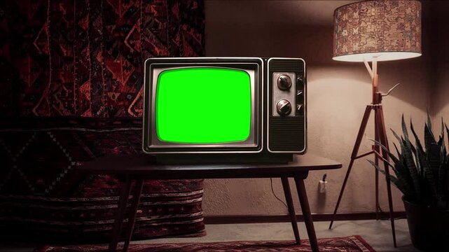 An old green-screen TV or television set flickers and distorts as it displays a glitch effect, creating a retro, camera zooms in, the screen is first static noise then green screen.