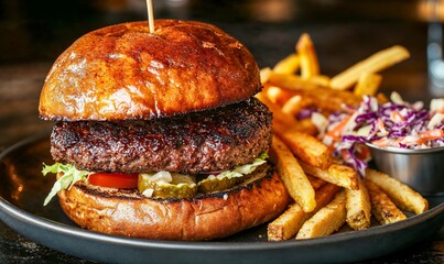 Gourmet burger served with crispy fries and tangy coleslaw at a cozy diner during lunchtime