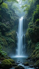 Fototapeta premium Serene Waterfall Cascading Through Lush Green Forest Landscape