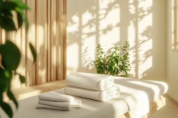 Mesa de massagem com toalhas brancas dobradas em ambiente minimalista com luz do sol filtrada por venezianas e plantas verdes ao redor, IA generativa