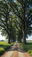 Fototapeta premium Serene Tree-Lined Pathway with Lush Greenery on a Sunny Day