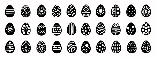 A large collection of black and white Easter eggs.