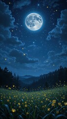 Naklejka premium Nighttime Landscape with Moon and Stars Over Flower Field