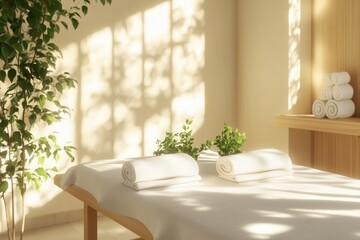 Mesa de massagem com toalhas brancas dobradas em ambiente minimalista com luz do sol filtrada por venezianas e plantas verdes ao redor, IA generativa