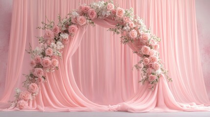 Elegant pink rose floral archway with draped fabric backdrop.
