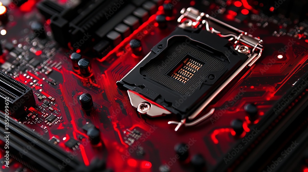 Poster red motherboard closeup technology image high resolution detailed computer hardware digital circuit 