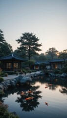 Obraz premium Serene Japanese Garden at Dusk with Koi Fish and Tranquil Reflection
