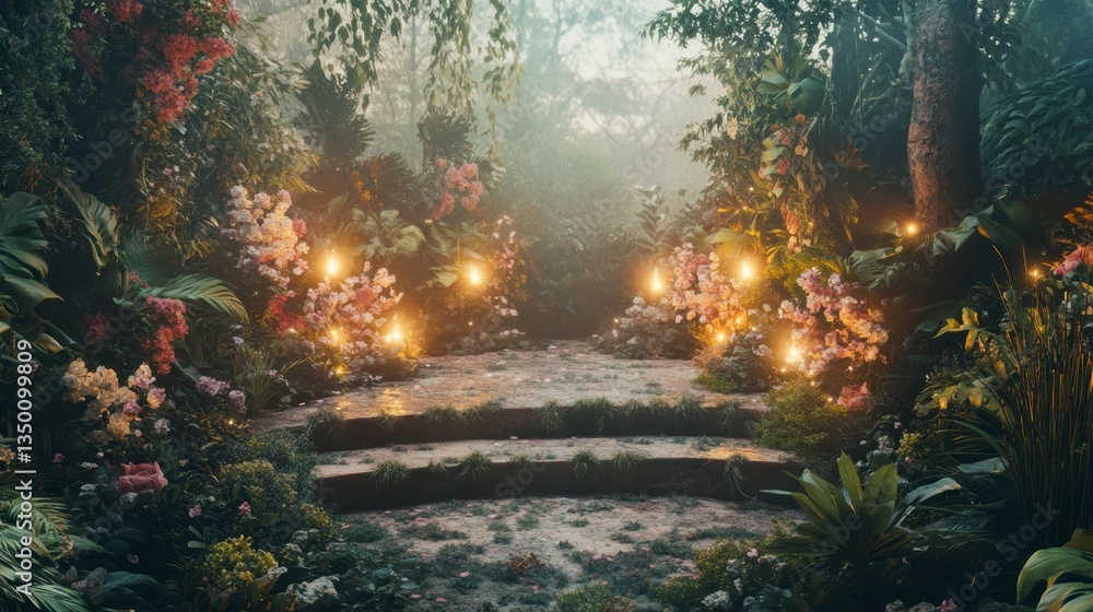 Poster magical enchanted forest path with glowing flowers and stone steps.