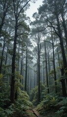 Obraz premium Misty Forest Path Leading Through Tall Trees in Tranquil Nature Scene