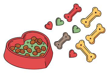 33 Colorful pet treats, Heart-shaped arrangement, Dog biscuits, Multi-colored bone-shaped cookies, Pet food photography, Overhead view, White background, Vibrant colors, Red, green, brown, and yellow 