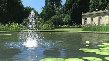 Tranquil garden pond fountain, lush greenery, and stately building backdrop