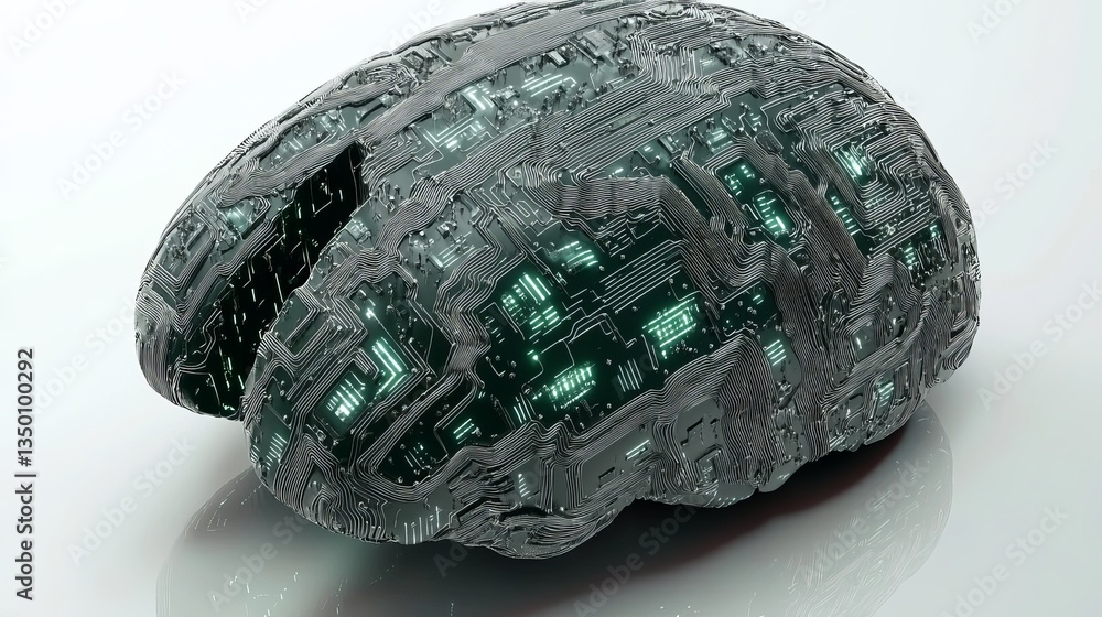 Poster abstract metallic brain circuit board digital art technology neural network futuristic design 3d ren
