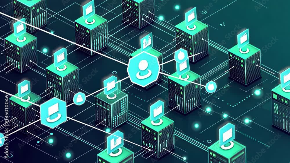Poster network of digital connections represented by glowing icons and data pathways in a modern urban layo