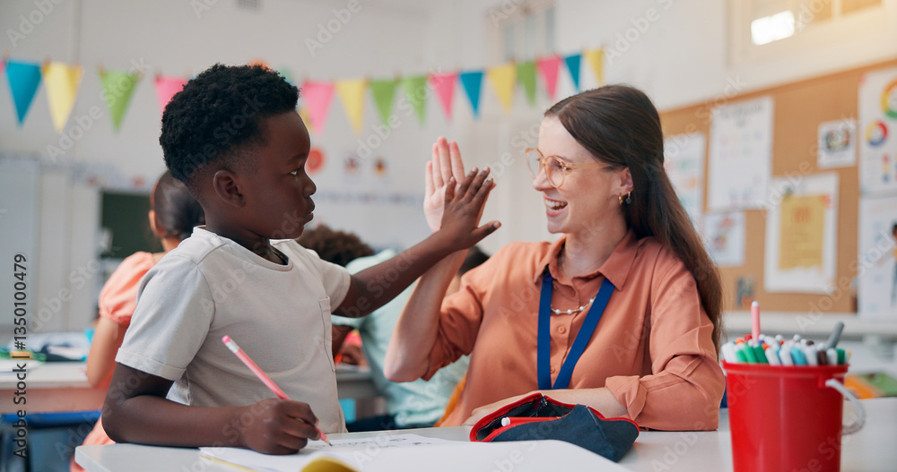 Poster education, teacher and high five boy in classroom for lesson support, creative activity and learning