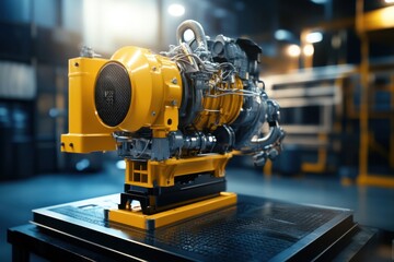 Fototapeta premium Industrial diesel engine displayed in workshop setting with focus on design and functionality