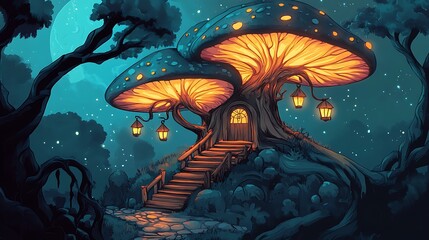 Enchanting mushroom home nestled in a mystical forest at night