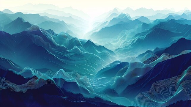 Surreal landscape where mountains and valleys are shaped like waveforms visually demonstrating how music frequencies create harmony and melody in the natural world