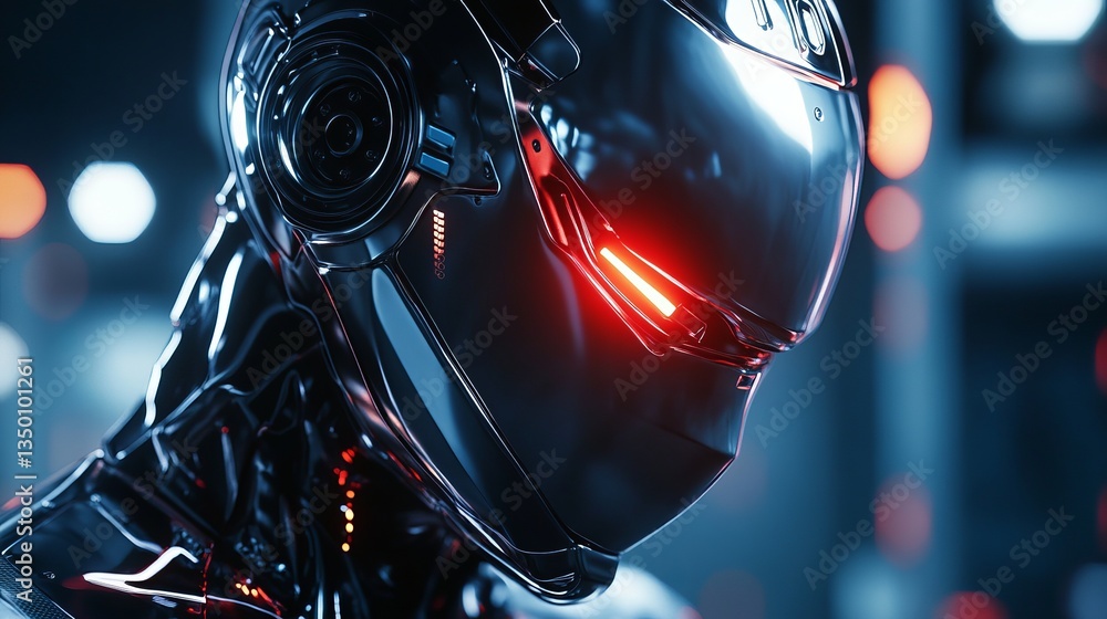 Poster cyberpunk robot head reflective surface futuristic design digital art sci fi technology artificial i