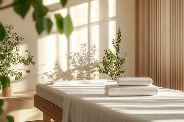 Mesa de massagem com toalhas brancas dobradas em ambiente minimalista com luz do sol filtrada por venezianas e plantas verdes ao redor, IA generativa