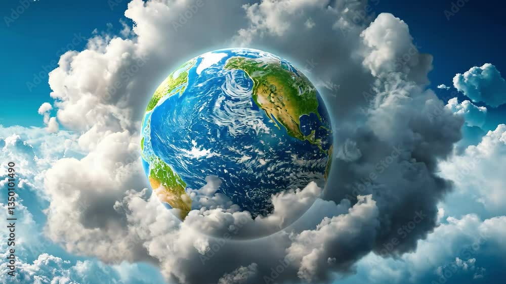 Poster data processing and cloud computing visualization over a globe surrounded by clouds, data processing