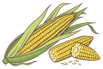 34 Golden corn on the cob, vibrant yellow kernels, fresh green husks, farm-fresh produce, bright natural lighting, detailed texture, hyperrealistic, white background, food photography, macro shot, agr