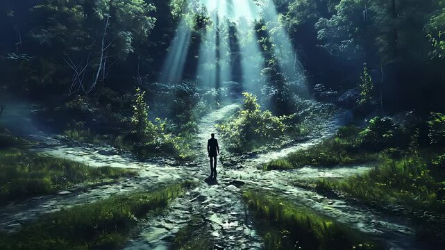 A path in the forest. Man lights a path in the forest. A road with smoke and green forest. A trail in lifestyle the woods.