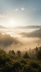 Naklejka premium Serene Sunrise Over Misty Mountains and Lush Green Forests