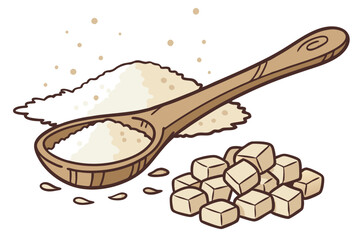 35 wooden spoon, raw sugar crystals, golden brown granules, heap of sugar, natural sweetener, organic ingredient, rustic kitchen utensil, close-up photography, white background, food styling, culinary