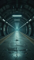 Abandoned Subway Tunnel with Dim Lights and Foggy Atmosphere