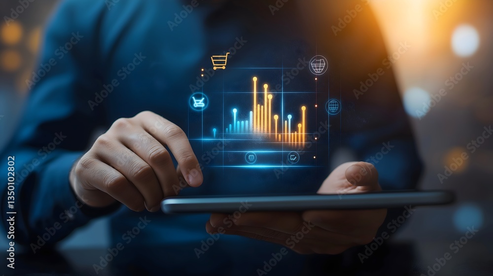 Poster digital trends analysis: a business person interacts with a tablet device, overlayed with holographi