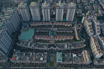 Jakarta, Indonesia, August 23, 2022. Aerial view of the new green urban landscape in the city. City view of residential area with modern apartment buildings on top of Mall of Indonesia (MOI) 