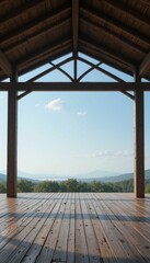 Serene Wooden Pavilion Overlooking Rolling Hills and Blue Sky