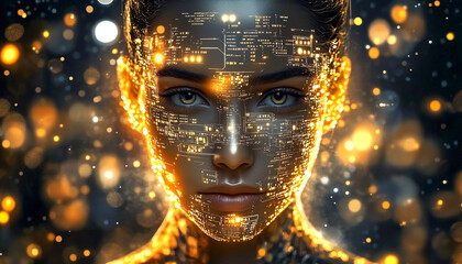 Digital art of a woman illuminated in glowing lights and patterns