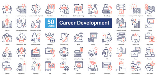 Career Development icon set in dual tone style, featuring 50 icons on training, skill growth, employee success, and career progression. Ideal for HR, education, and professional coaching.