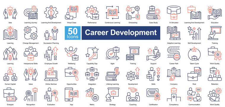 Career Development icon set in dual tone style, featuring 50 icons on training, skill growth, employee success, and career progression. Ideal for HR, education, and professional coaching.