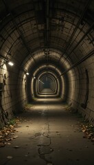 Mysterious Underground Tunnel with Dim Lighting and Leaves