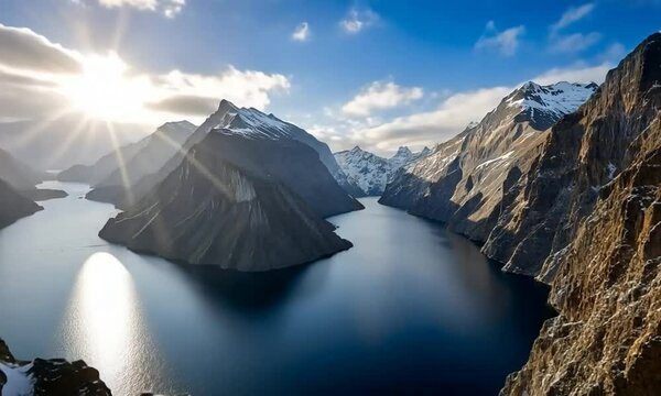 iconic jutting rock. This scene captures the dramatic cliff edge jutting into the air, surrounded by towering, rugged snowy mountains. 4K