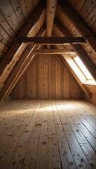 Obraz premium Cozy wooden attic interior with natural light and rustic charm