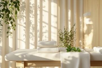 Mesa de massagem com toalhas brancas dobradas em ambiente minimalista com luz do sol filtrada por venezianas e plantas verdes ao redor, IA generativa