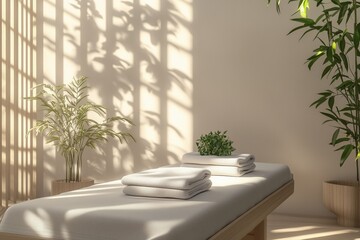 Mesa de massagem com toalhas brancas dobradas em ambiente minimalista com luz do sol filtrada por venezianas e plantas verdes ao redor, IA generativa