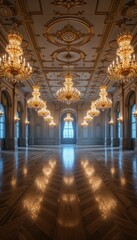 Elegant ballroom with chandeliers and polished wooden floor design