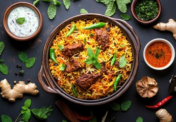 Aromatic Lamb Biryani, Spices, Overhead, Dark Background, Food Photography