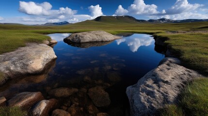 Fototapeta premium Serene mountain pond reflecting a vibrant sky. A tranquil alpine scene